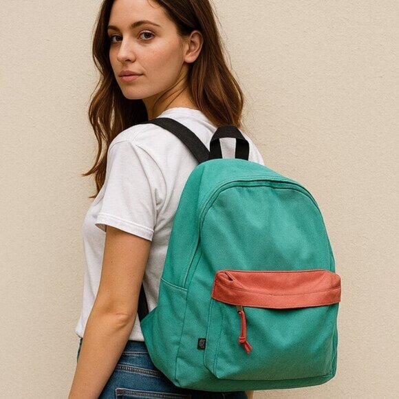 Handbags - Two-Tone Canvas Nylon Womens Coral Pink Aqua Blue Backpack Medium